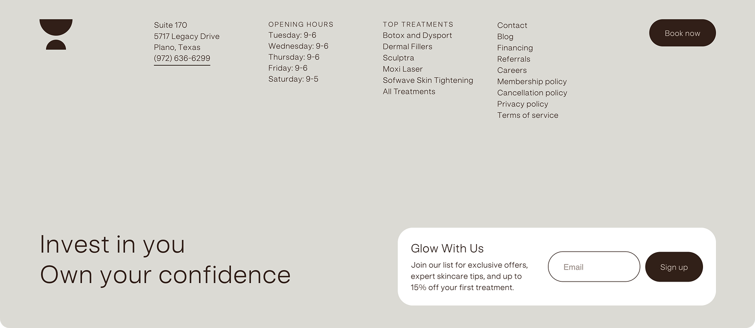 Example of a clearly worded lead magnet on the footer of U Med Spa. Their email subscription form reads: "Glow With Us. Join our list for exclusive offers, expert skincare tips, and up to 15% off your first treatment."