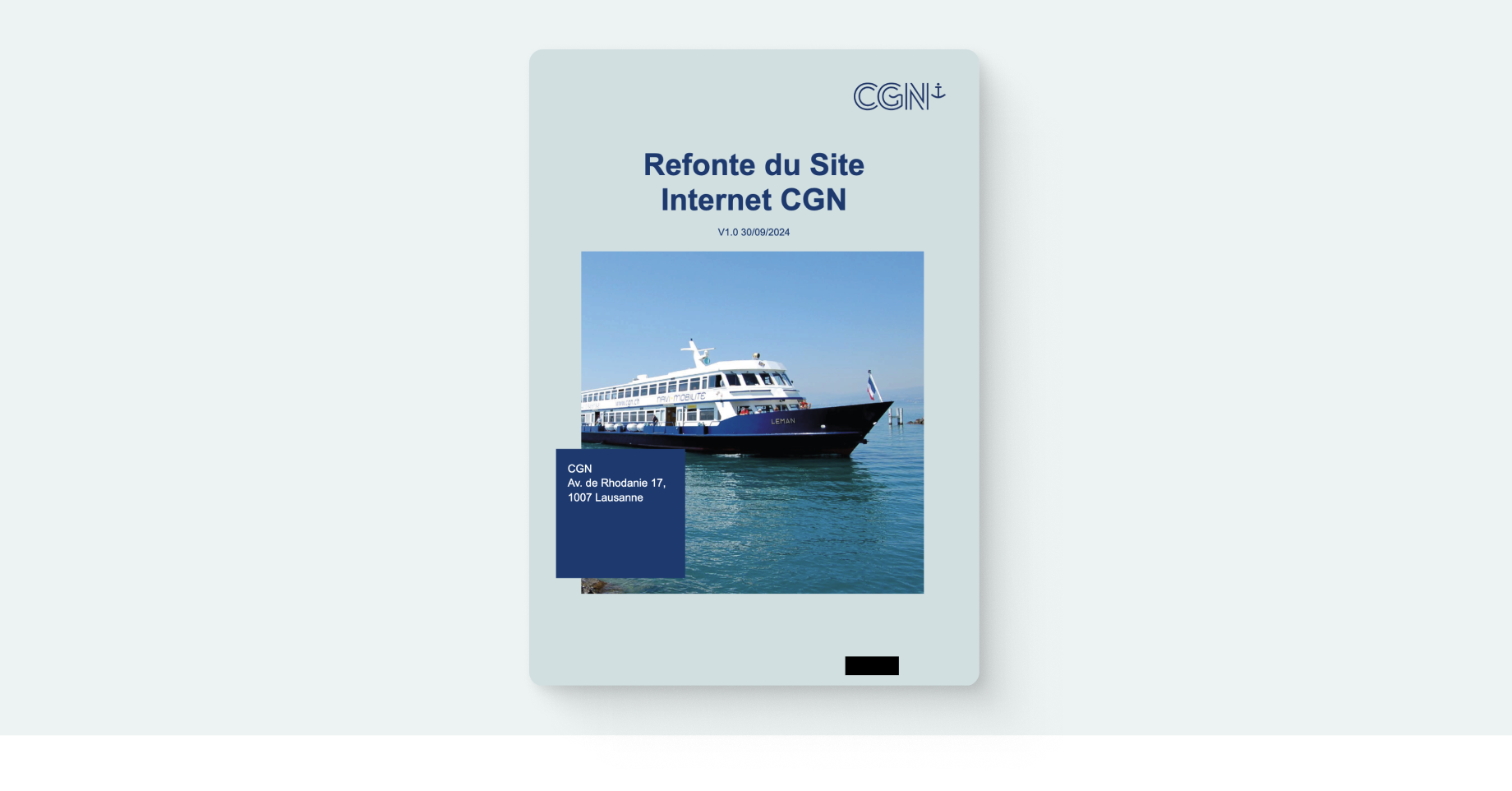 Cover page of the CGN website redesign request for proposal (RFP), developed as part of the project. The cover features CGN branding, the project title in French, and an image of a CGN ferry on Lake Geneva.