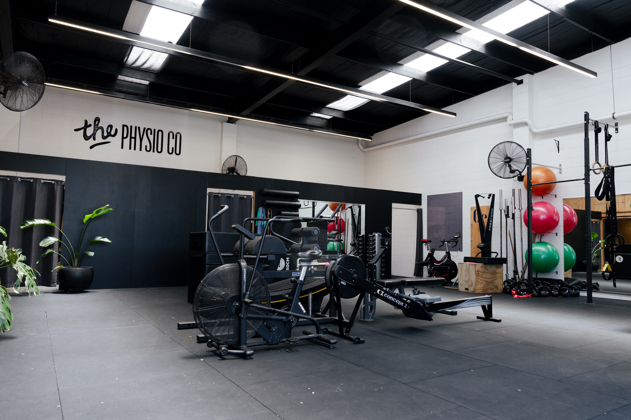Interior of The Physio Co.'s training space, featuring a rowing machine, assault bike, exercise balls, and rig for strength and rehab work.