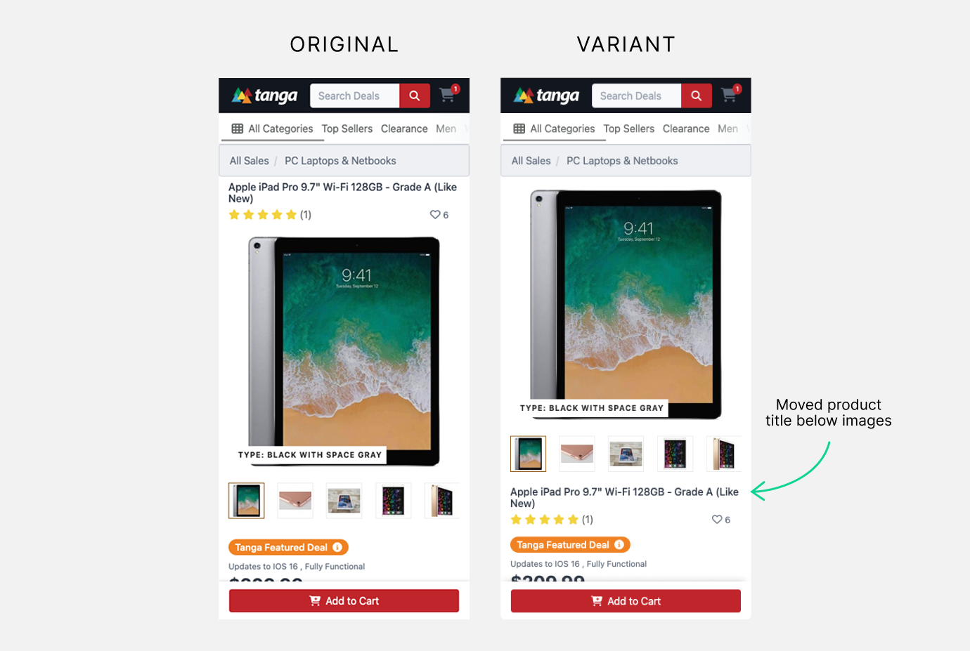 Side-by-side comparison of the original and variant Tanga mobile product page, with the variant moving the product title below the product image gallery.