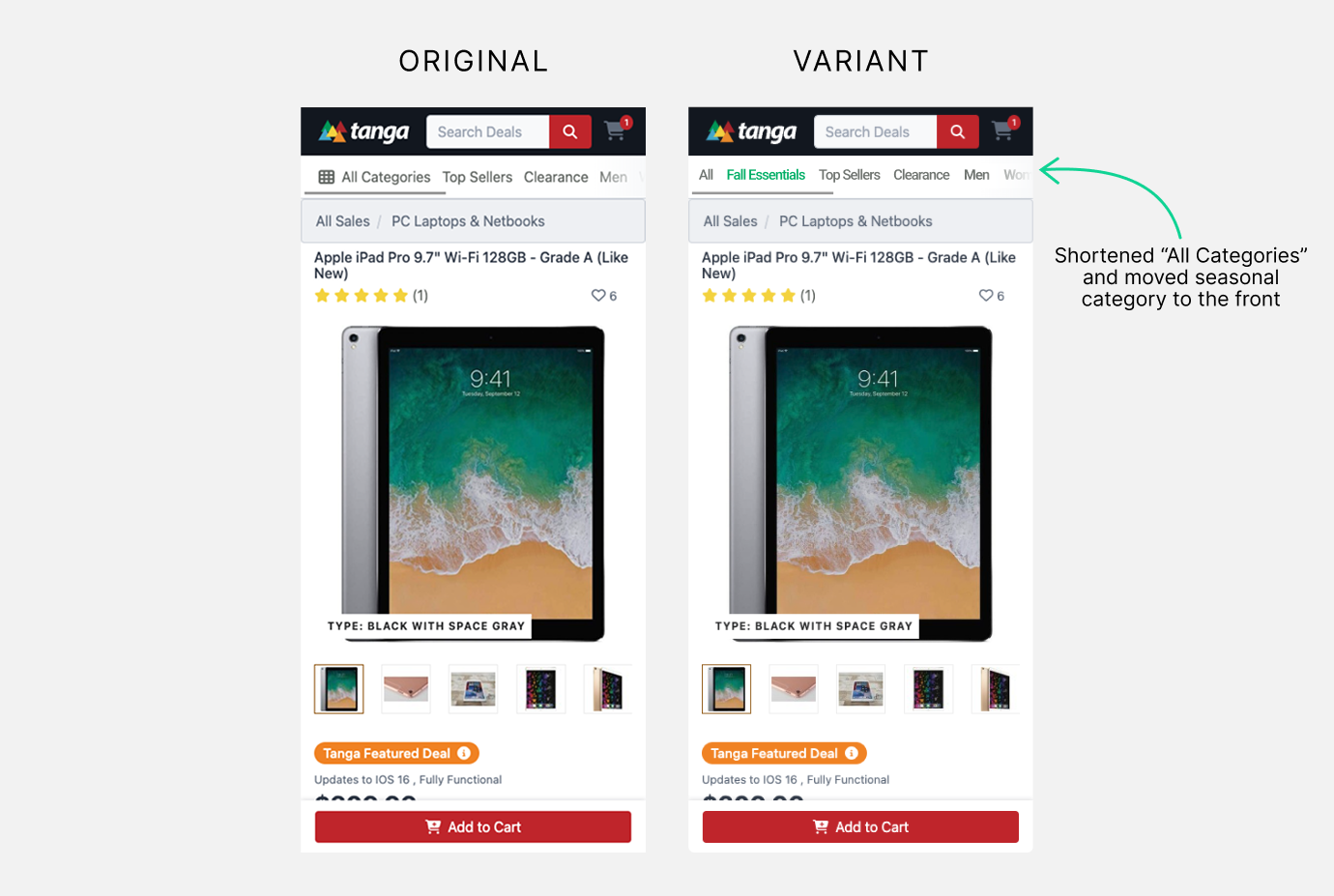 Side-by-side comparison of the original and variant Tanga mobile navigation bar, with the variant shortening 'All Categories' to 'All' and moving the Fall Essentials seasonal category to the front.