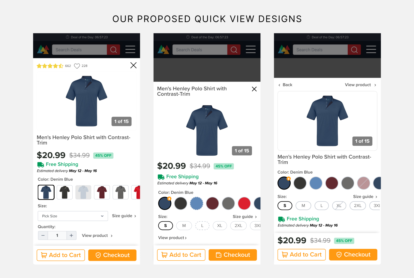 Three proposed Quick View pop-up designs for Tanga product listings, showing product image, price, color and size selection, and Add to Cart and Checkout buttons without leaving the listings page.