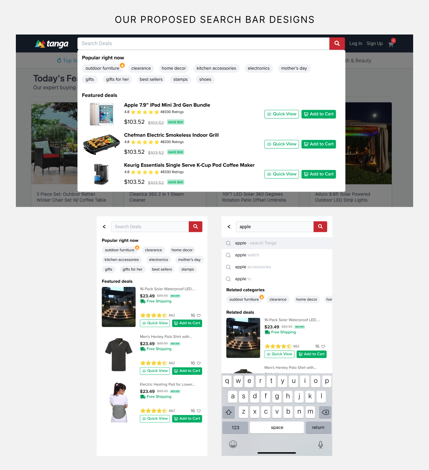 Proposed Tanga search bar design showing popular search suggestions, featured deals with Quick View and Add to Cart buttons, and a mobile version with related categories and search suggestions as the user types.