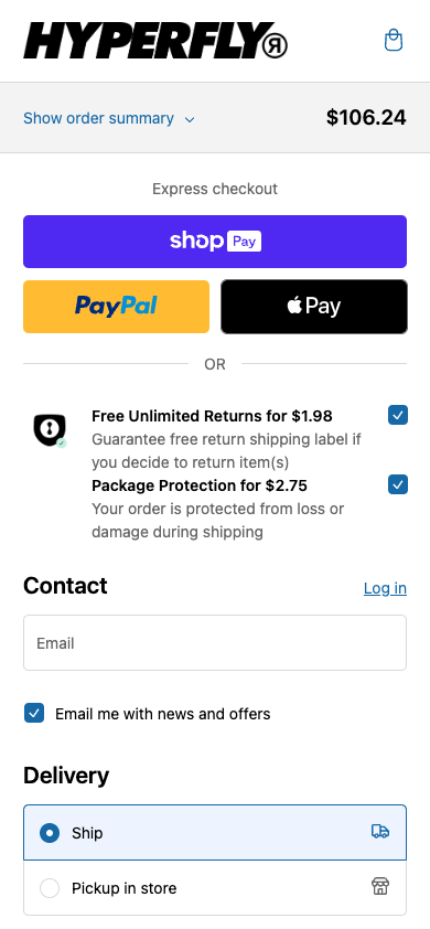 Mobile checkout page for the Hyperfly store showing express checkout buttons for Shop Pay, PayPal, and Apple Pay above the standard contact and delivery form fields.
