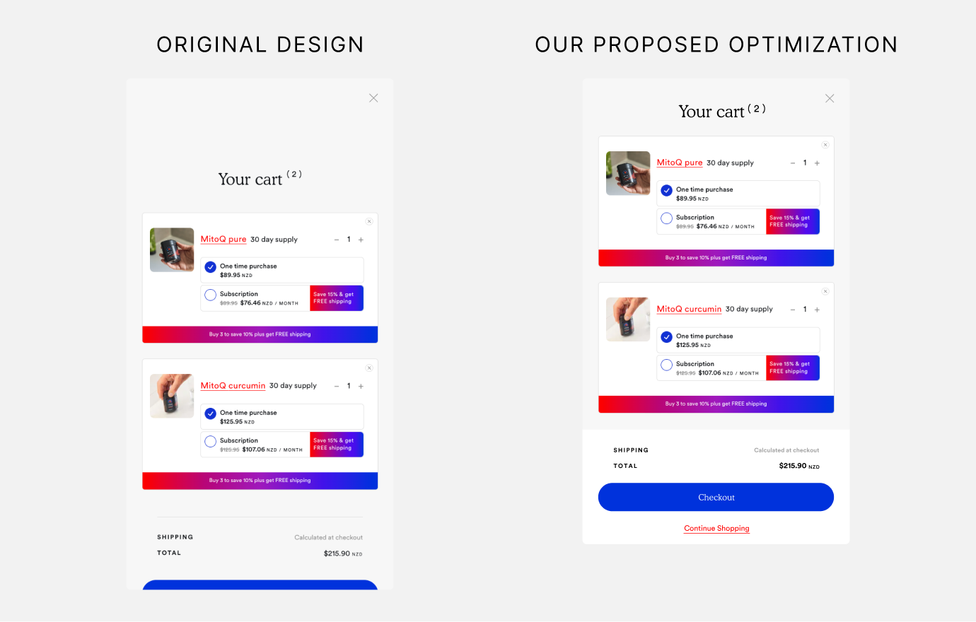 Comparison of original design and proposed optimization for the flyout cart.