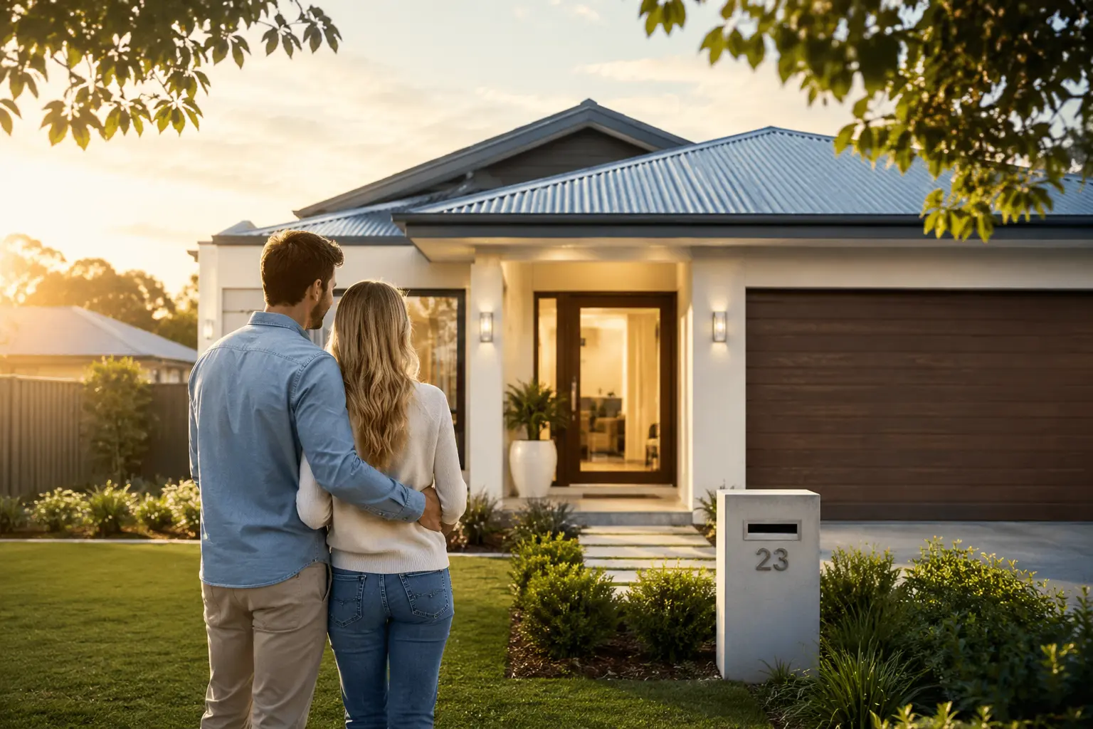 Couple embracing outdoors, looking at modern house with lit entrance and garage at sunset.