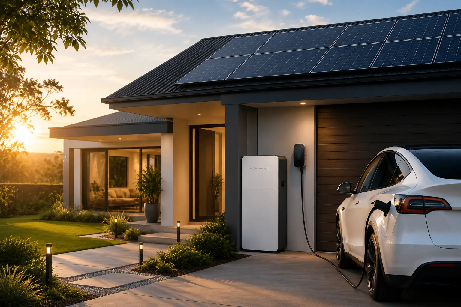 White electric car charging on driveway next to house with solar panels and energy storage unit at sunset.