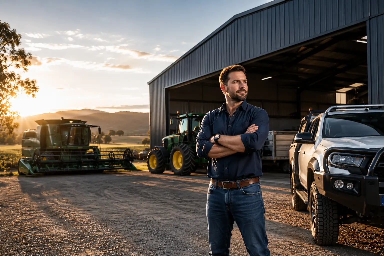 Man with crossed arms standing near farm vehicles and barn at sunset in rural farmland setting.