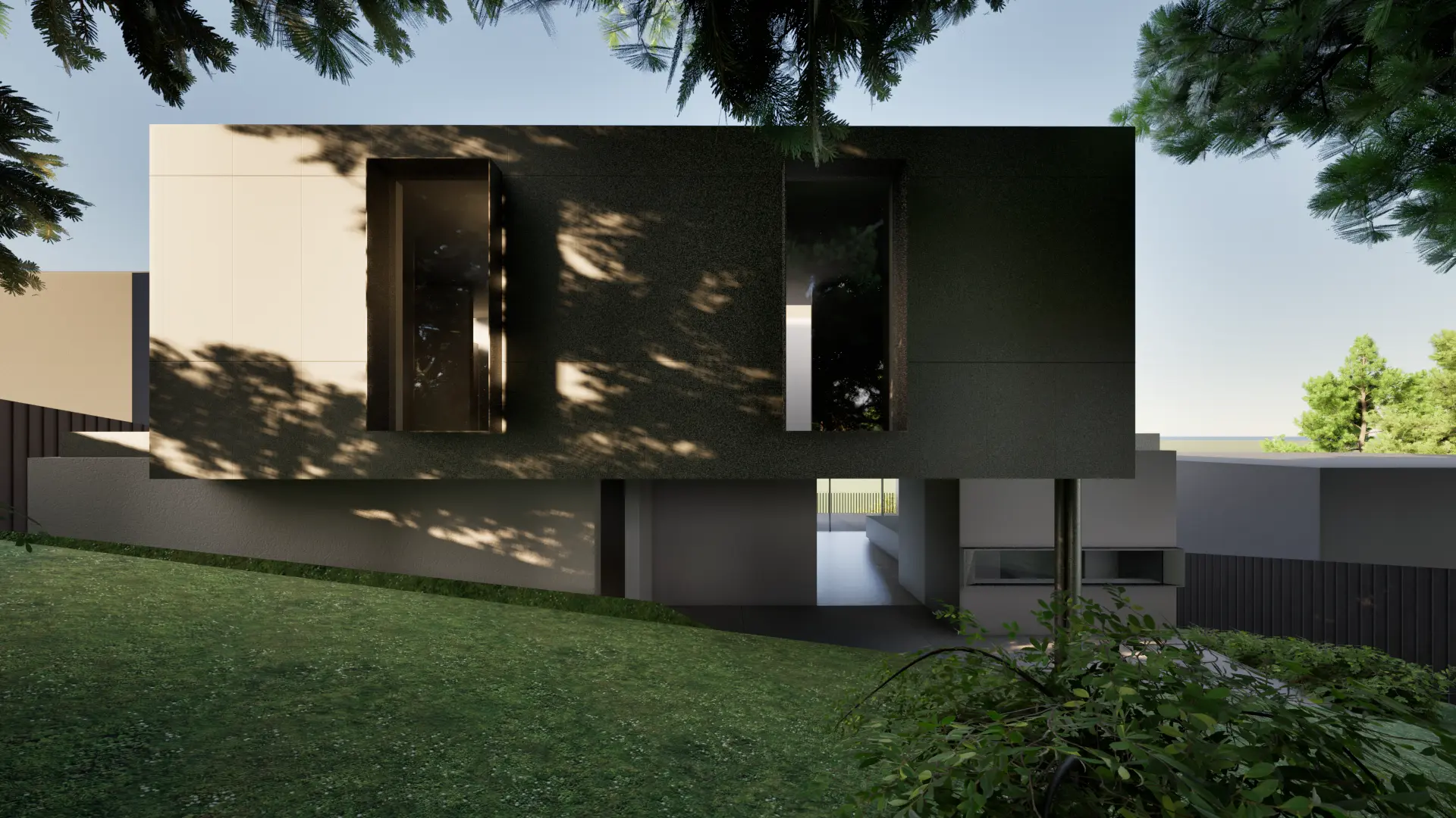 Modern two-story house with dark upper facade featuring large rectangular recessed windows, surrounded by green grass and trees.