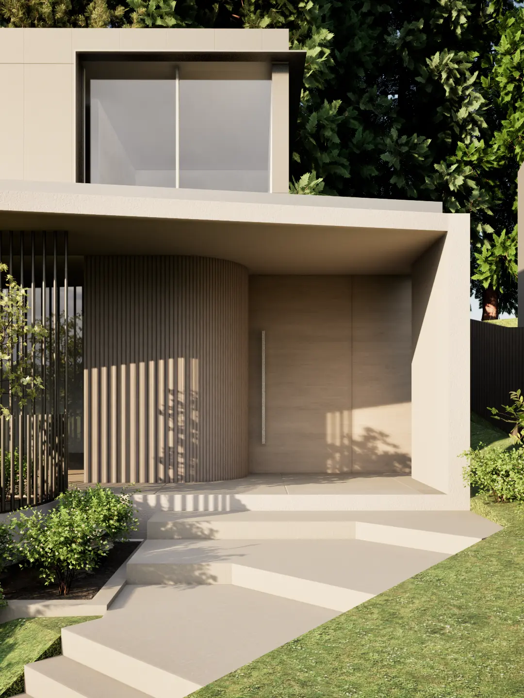 Modern beige house entrance with large wooden door, curved vertical slat wall, and steps leading up, surrounded by greenery.