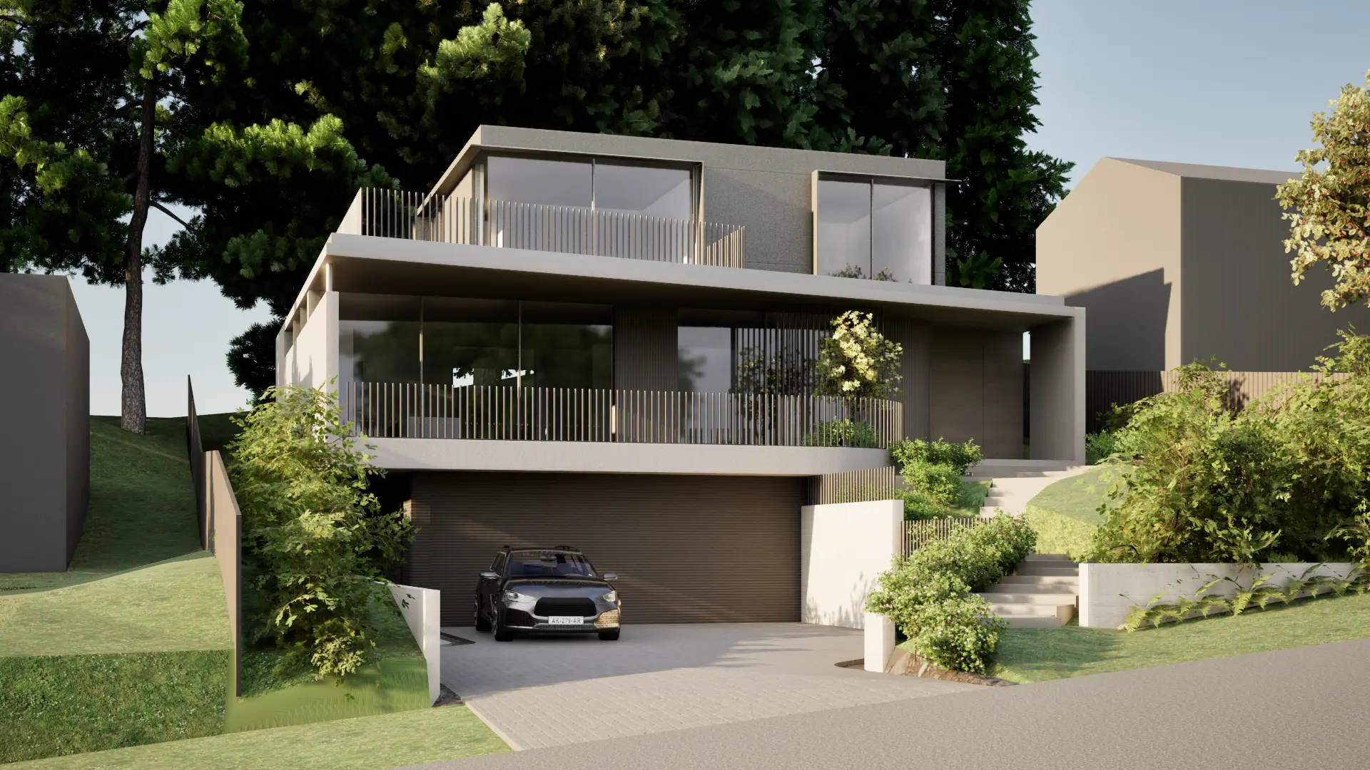 Modern two-story house with large glass windows, a balcony with vertical railings, and a driveway leading to a garage with a parked black car, surrounded by greenery.