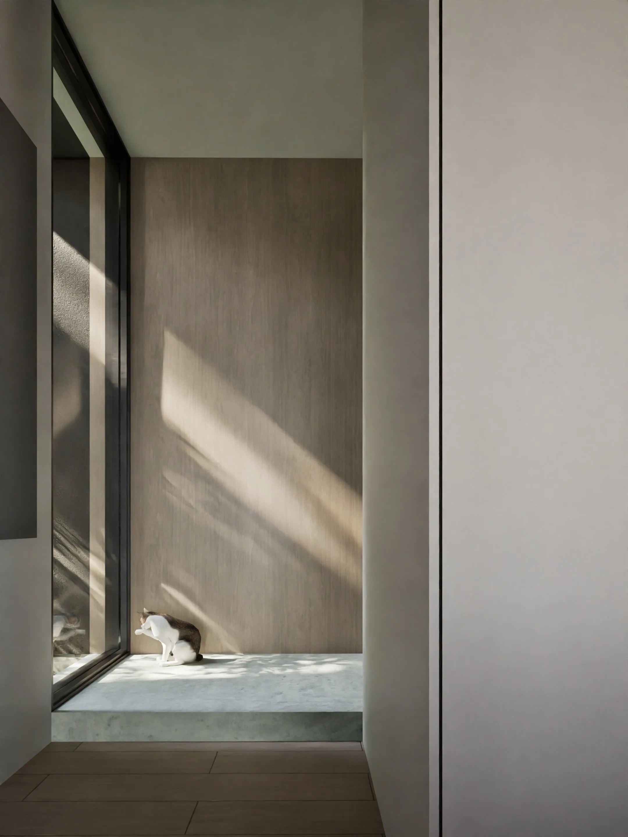 Cat grooming itself while sitting on a wide windowsill with sunlight casting shadows.