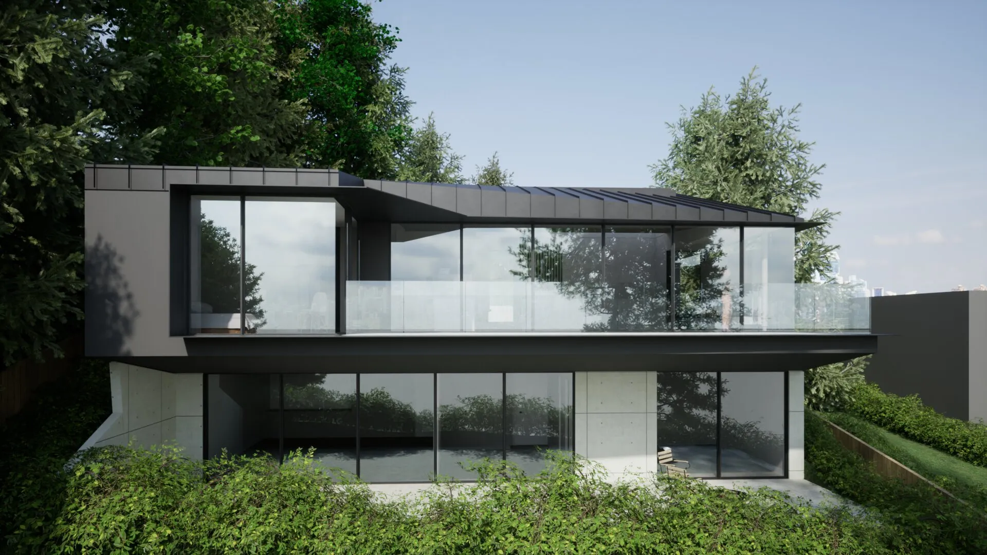 Modern two-story house with large glass windows and a glass balcony surrounded by green trees and shrubs.