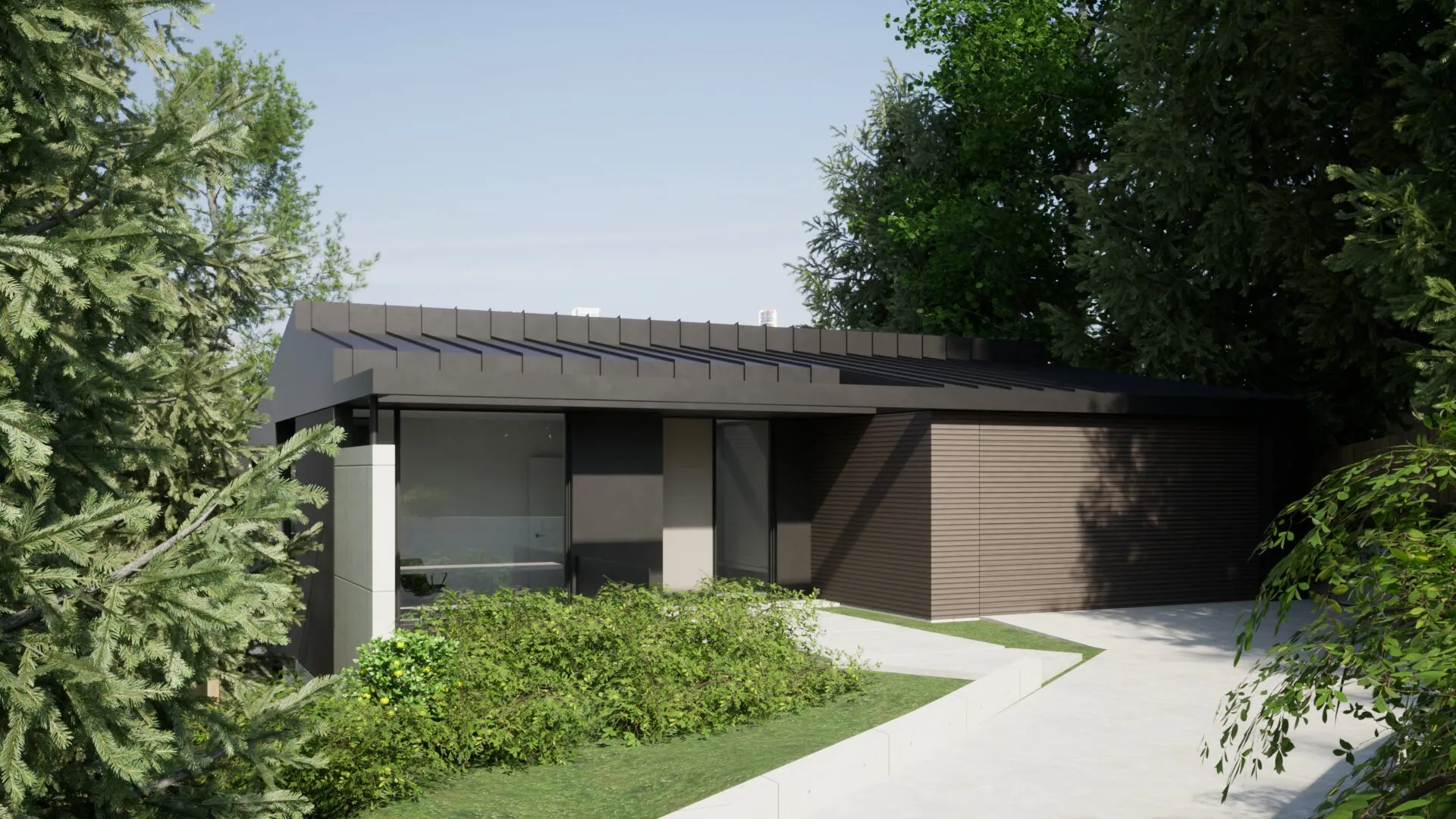 Modern single-story house with a sloped black roof, large windows, and surrounded by green trees and shrubs.