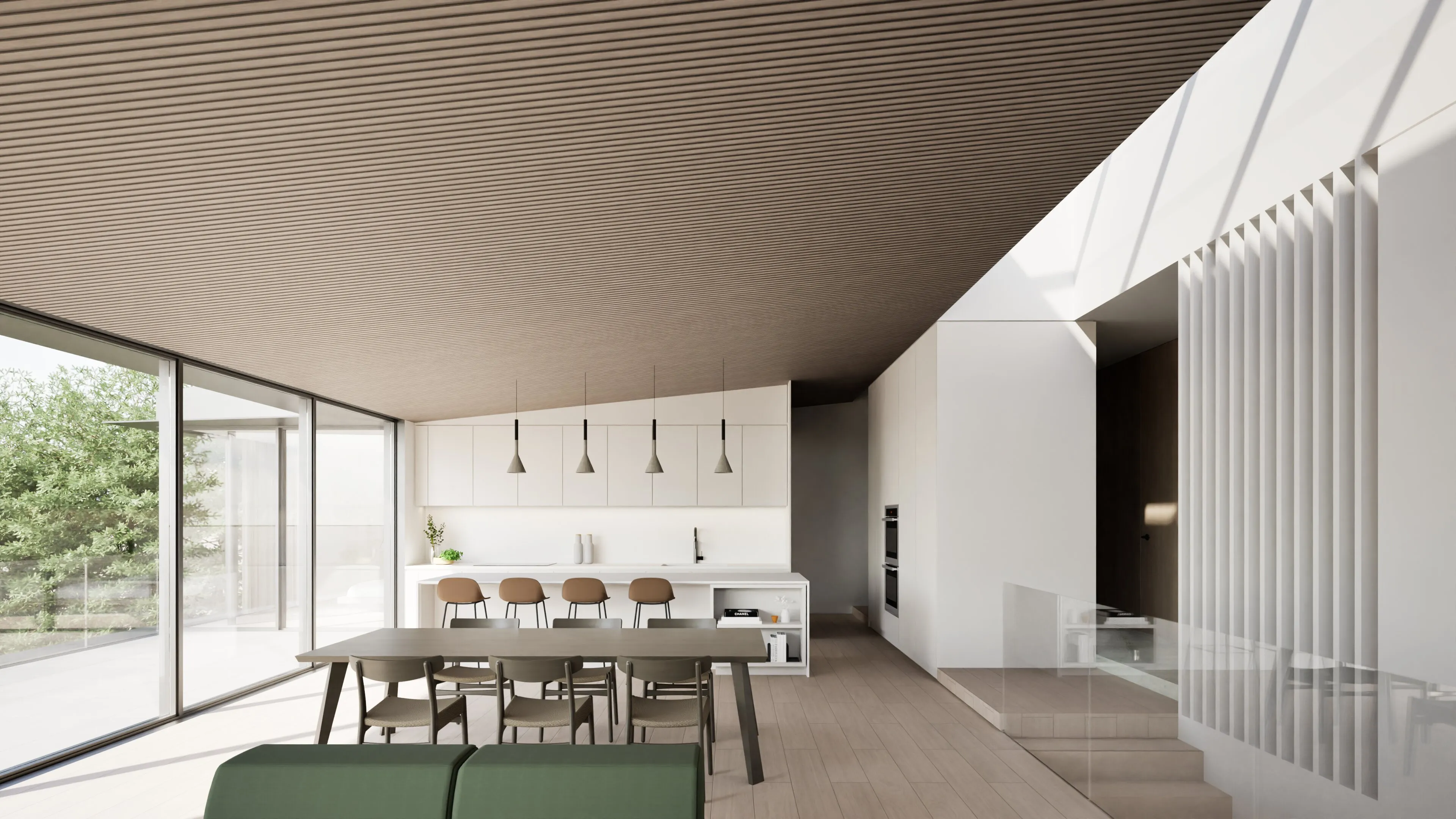 Modern kitchen and dining room with wood-paneled ceiling, large windows, white cabinetry, and beige seating.
