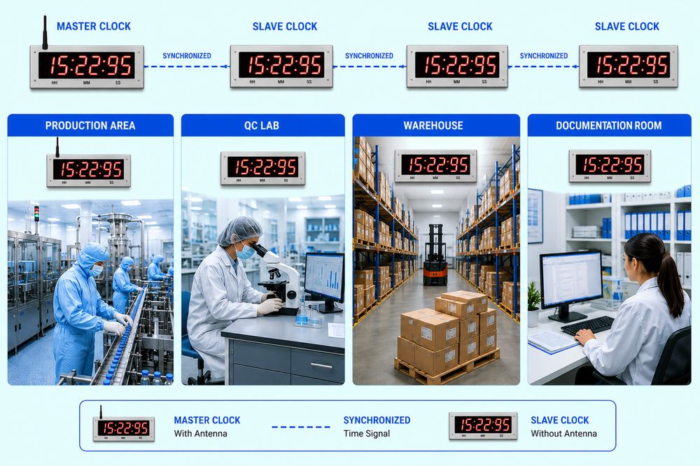 Cleanroom synchronized digital clock mounted on a pharmaceutical facility wall