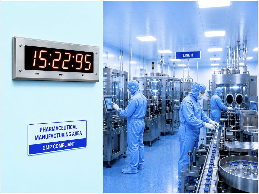 Synchronized digital clock and GMP-compliant pharmaceutical manufacturing area