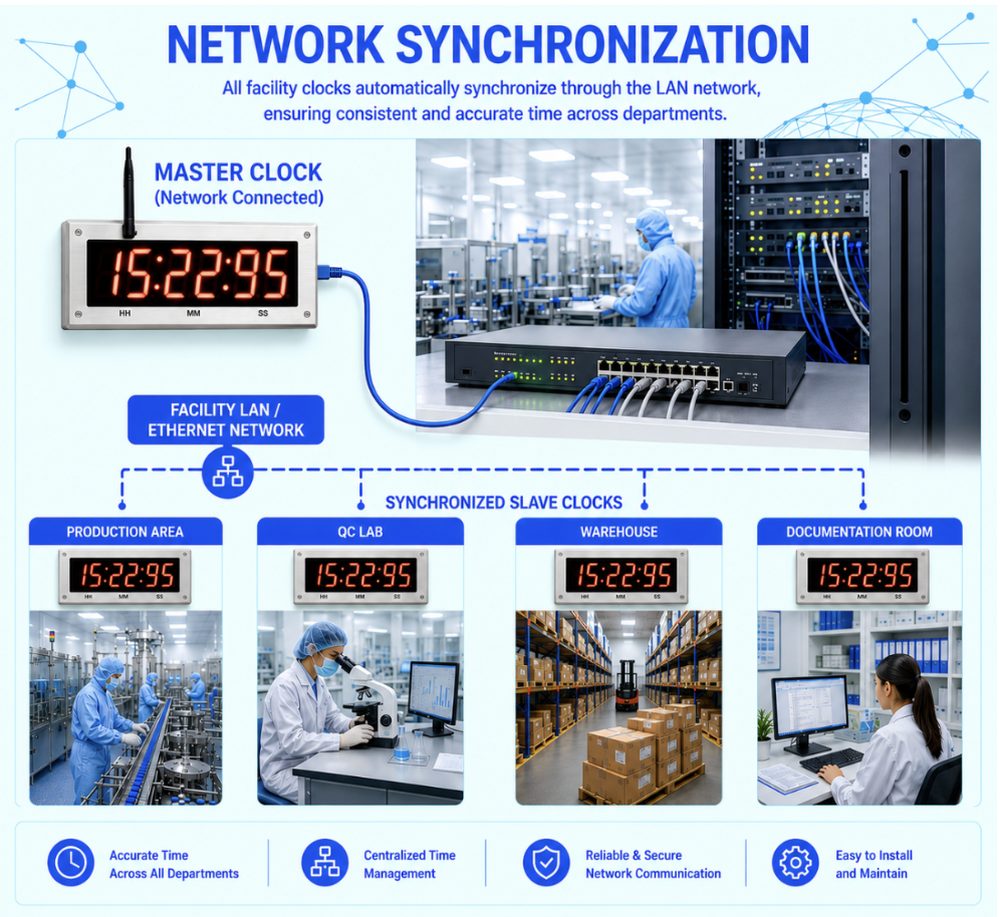 Network synchronization diagram showing master clock connected via facility LAN to synchronized slave clocks