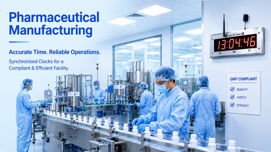 Synchronized clock in pharmaceutical manufacturing area with GMP compliant signage