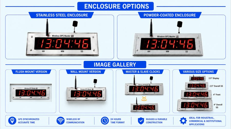 Stainless steel and powder-coated enclosure options, flush mount, wall mount, and master and slave clock configurations
