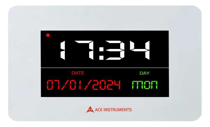 Ace Instruments PoE digital clock with 7 inch TFT touch screen showing time, date and day