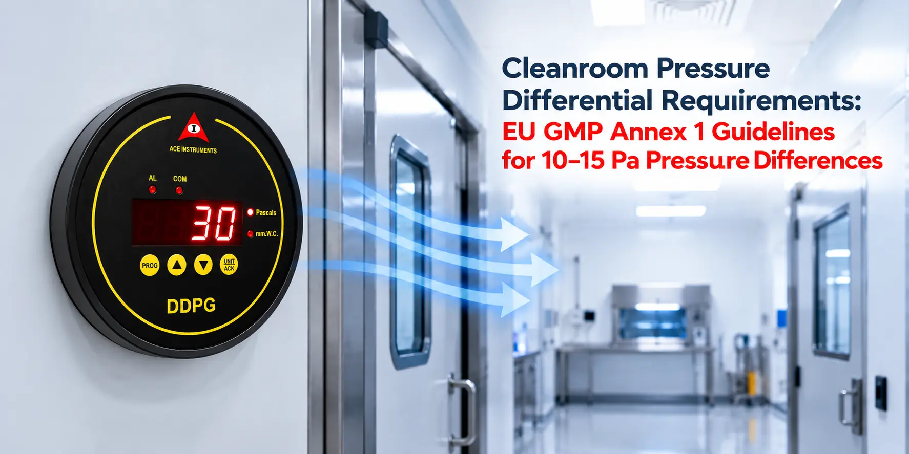 ACE Instruments DDPG digital differential pressure gauge installed in a pharmaceutical cleanroom, illustrating cleanroom pressure differential monitoring and EU GMP Annex 1 guidelines for 10–15 Pa pressure differences, positive pressure control, pressure cascade monitoring, and contamination prevention in sterile manufacturing environments.