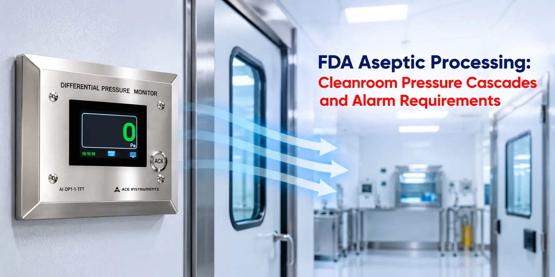 ACE Instruments AI-DP1-1-TFT digital differential pressure monitor installed in a pharmaceutical cleanroom, illustrating FDA aseptic processing requirements, cleanroom pressure cascade monitoring, differential pressure measurement, alarm monitoring, and contamination control for sterile pharmaceutical manufacturing.