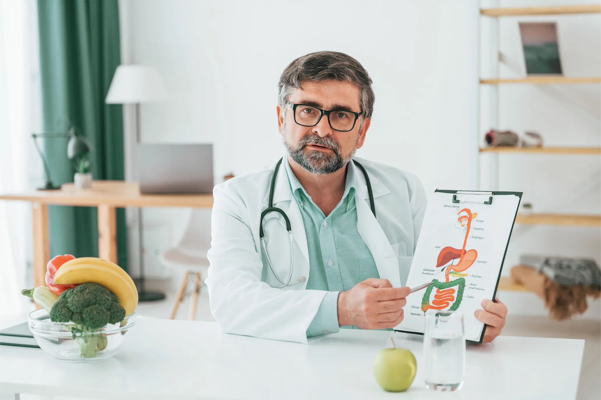 Gastroenterologist showing a photo of the digestive system