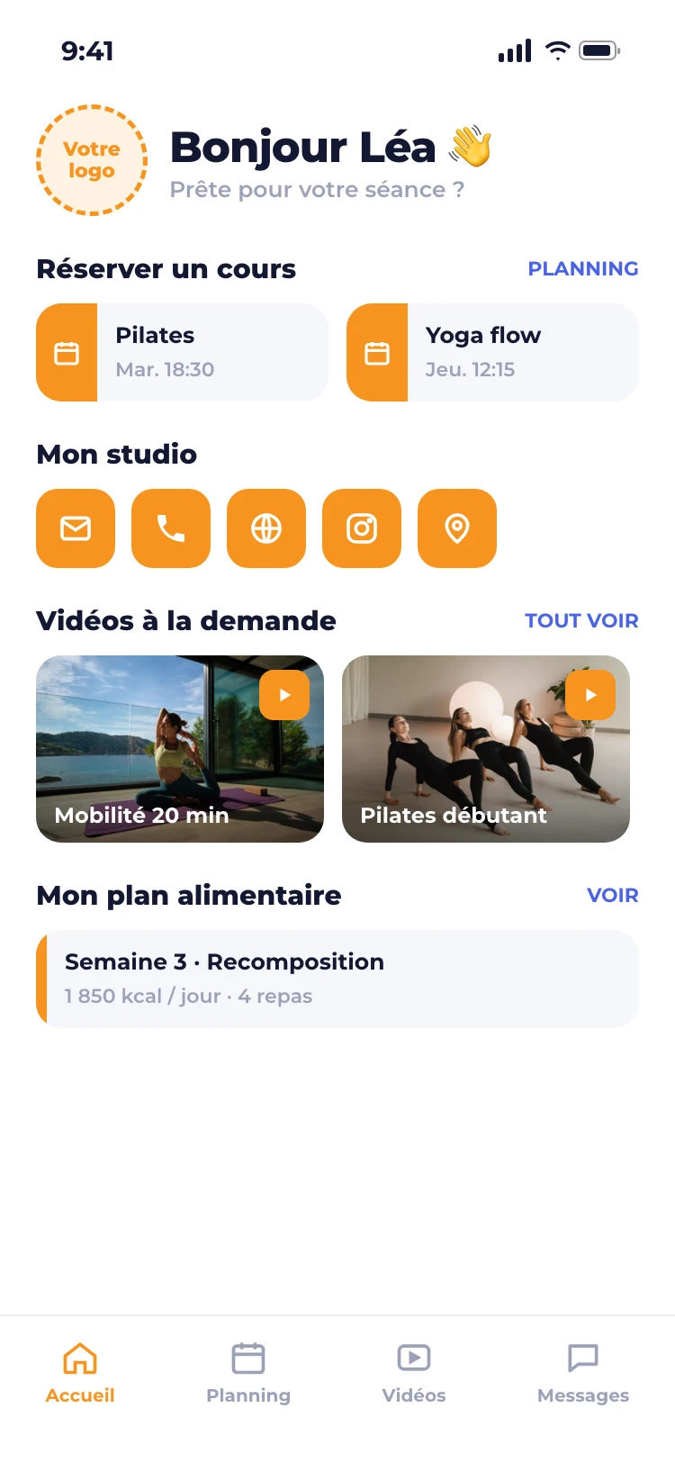 Accueil de l’app aux couleurs et au logo du coach : réservations, studio, vidéos, plan alimentaire