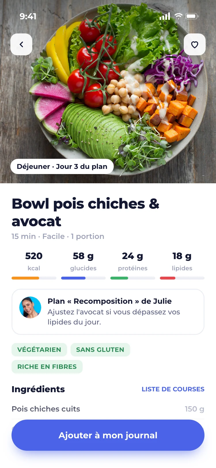 Recette du plan alimentaire dans l’app : calories, glucides, protéines, lipides et ingrédients