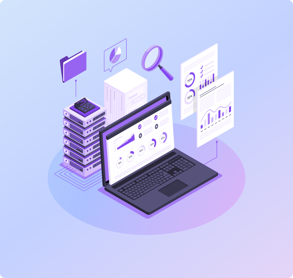 Laptop and charts on purple gradient background