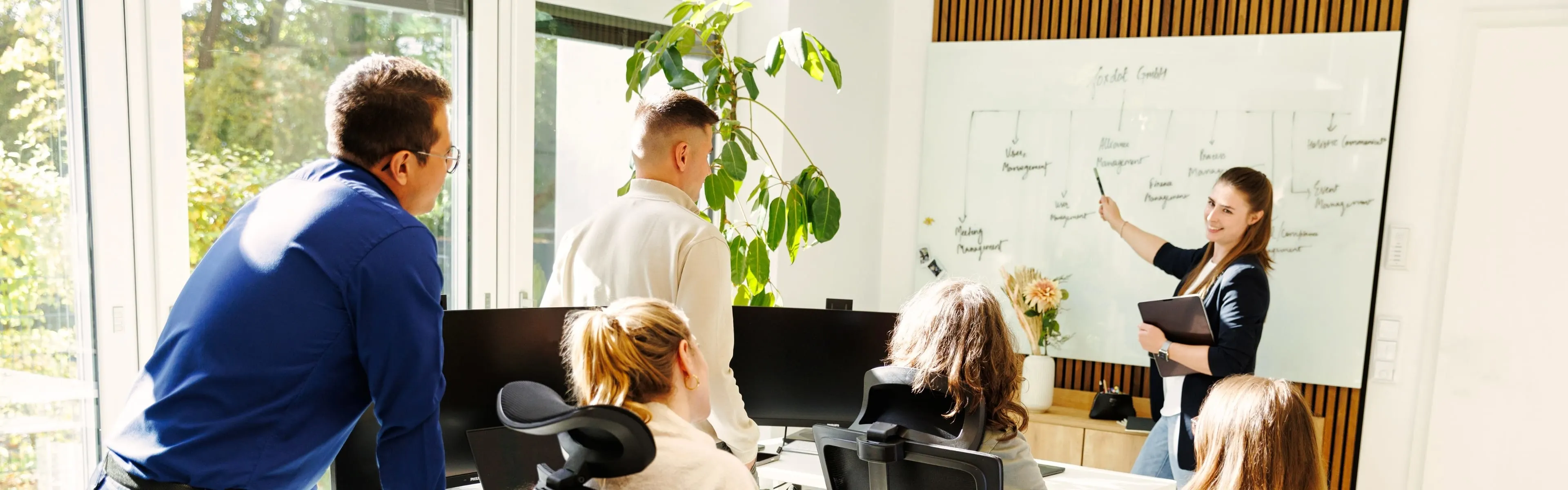 foxdot employees looking at a whiteboard with different topics shown.