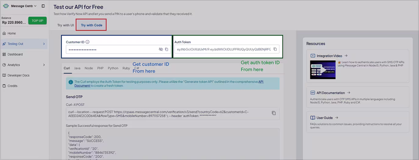 Screenshot of the Message Central console displaying customerId and authToken fields with buttons to retrieve both for OTP integration. 