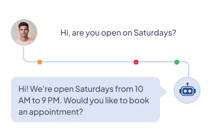 Illustration of an AI assistant automatically answering a customer’s question about business hours, showing how conversational AI responds instantly