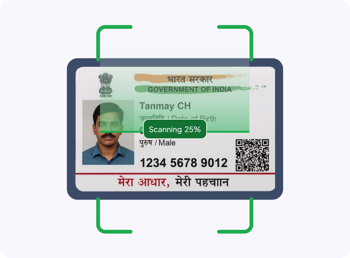 Illustration showing Aadhaar eKYC document scanning for India, highlighting nationwide coverage with support for PAN, CKYC, DigiLocker, and local identity documents.
