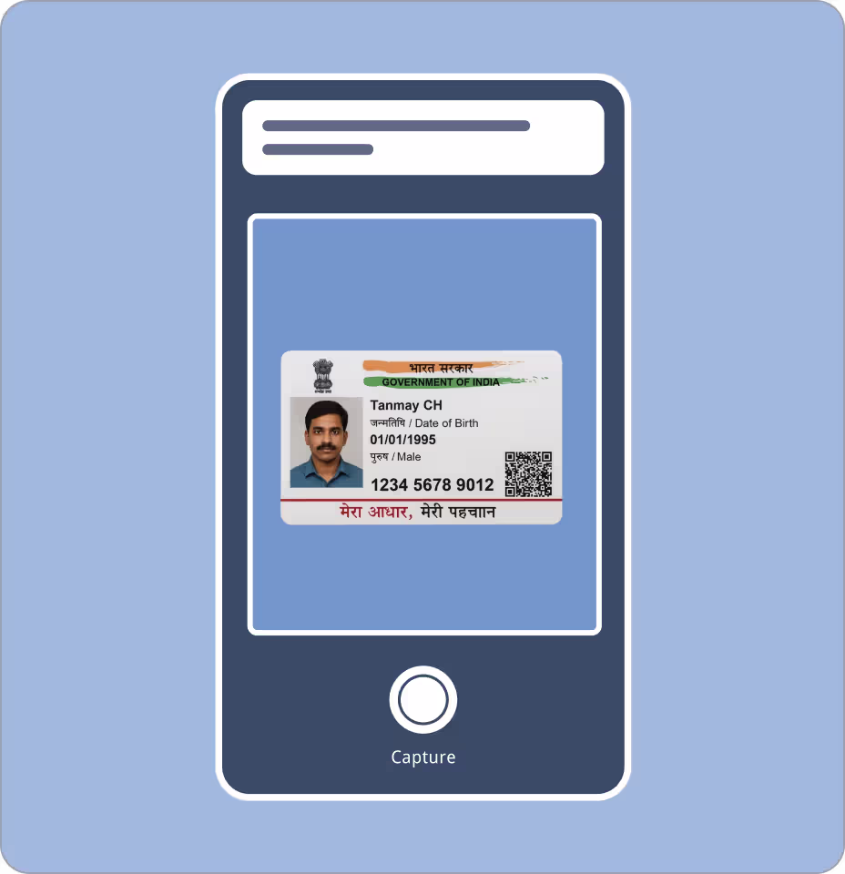 Illustration showing the first step of an eKYC process where a user captures an identity document and a selfie using a mobile phone.
