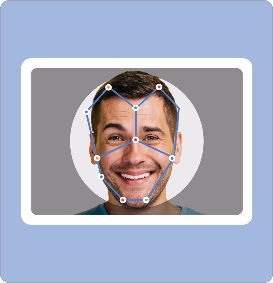 Illustration showing facial liveness and biometric verification during eKYC, with facial landmarks used to confirm a real user.