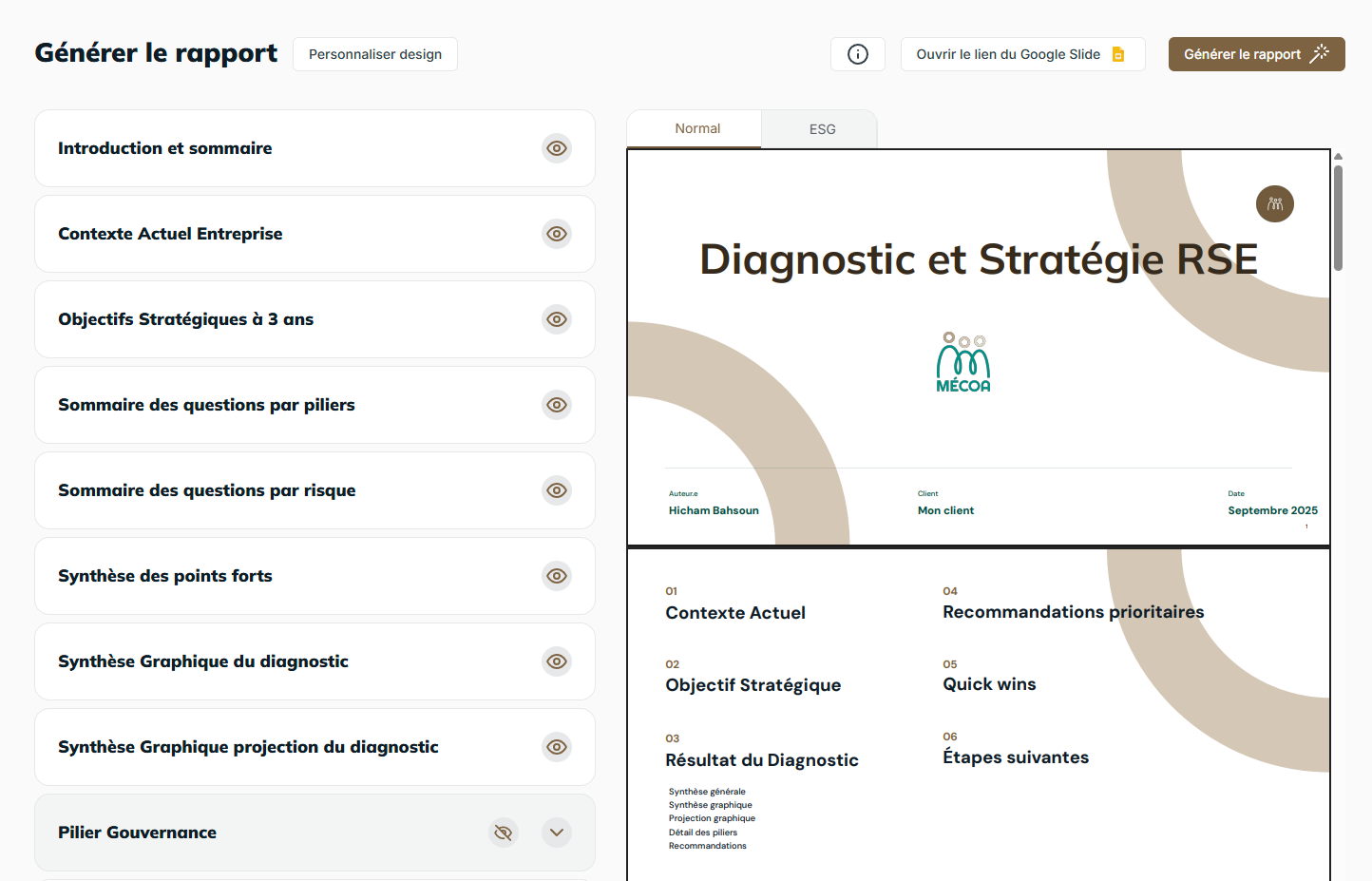 Capture d'écran du module rapport de l'outil