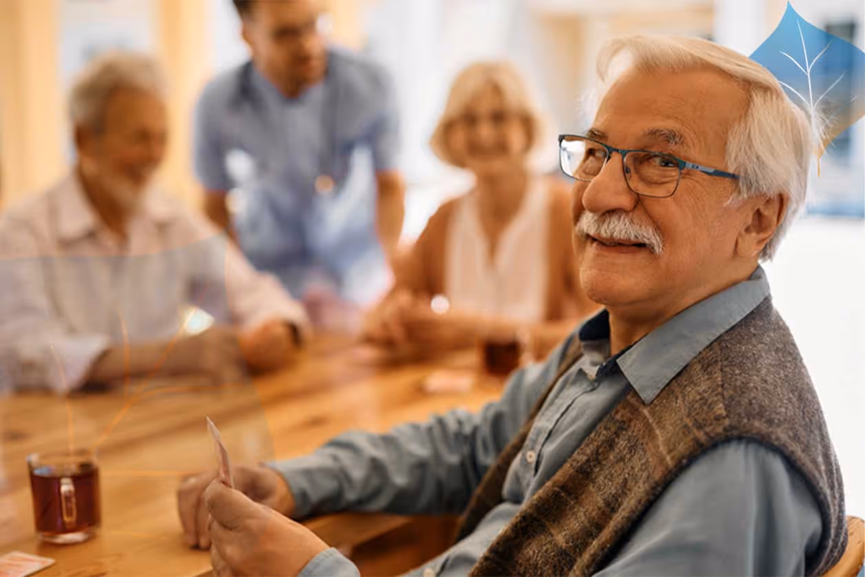 seniors playing cards at table with drinks