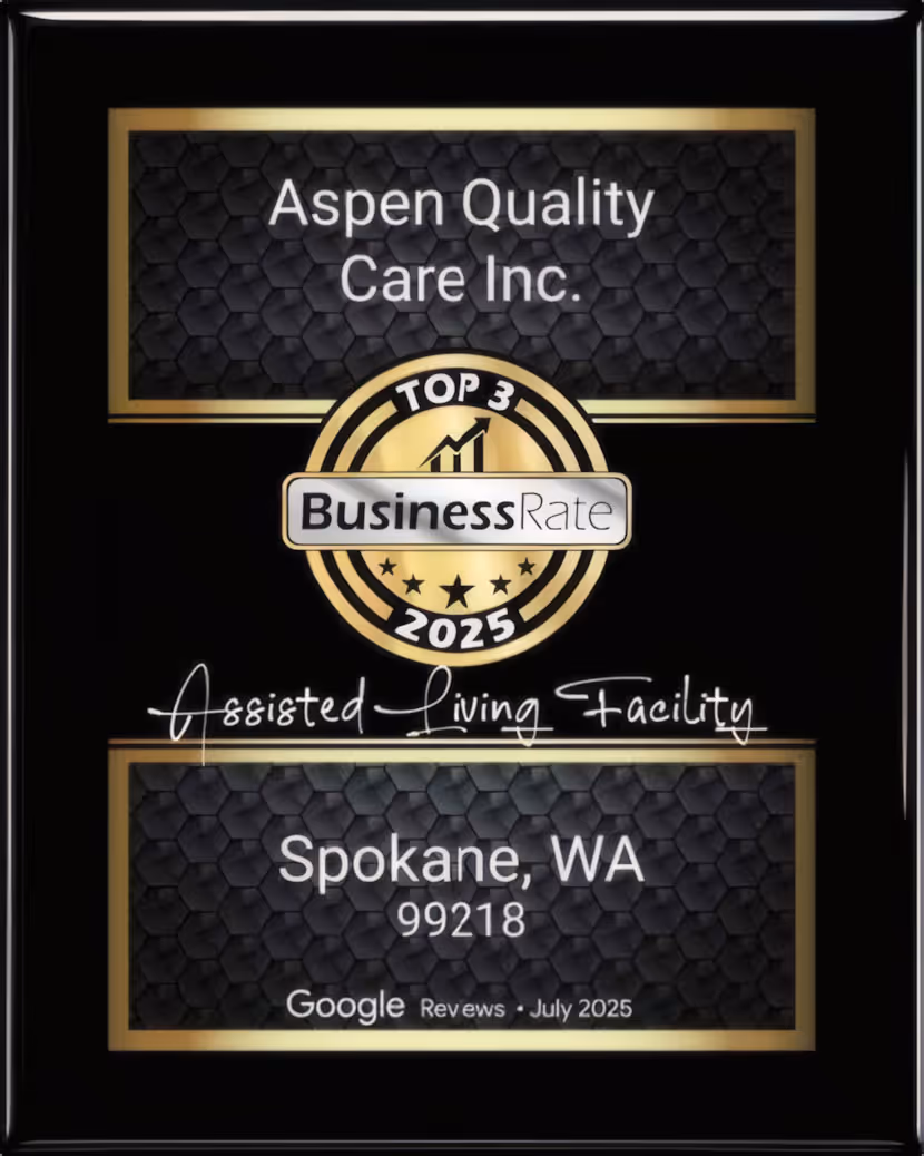 Award plaque for Aspen Quality Care Inc. recognizing it as a Top 3 Business Rate Assisted Living Facility in Spokane, WA for 2025.