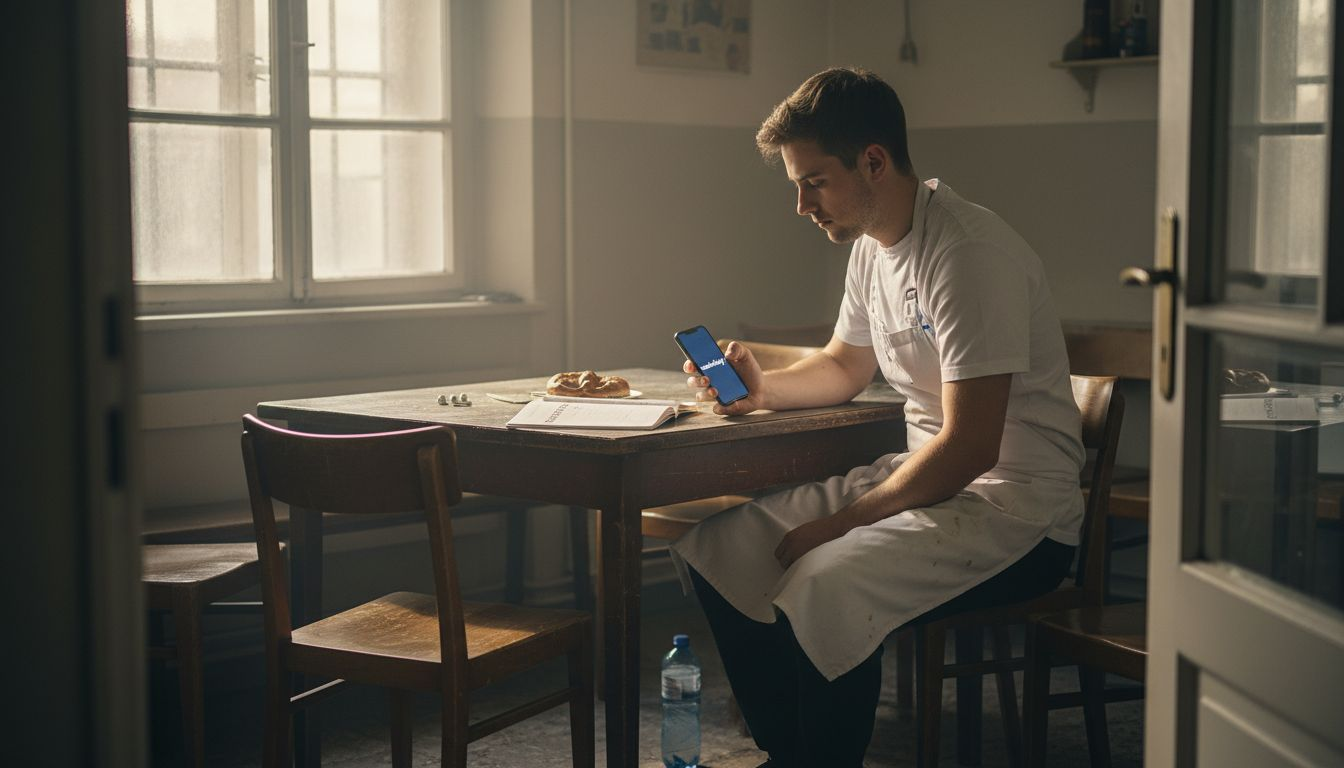 Der Chef schaut regelmäßig auf sein Handy, um sich über aktuelle Jobmeldungen zu informieren.