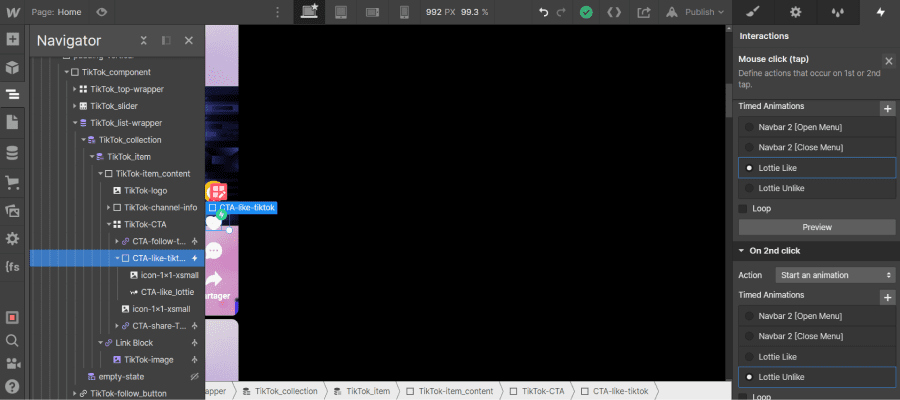 Interactions mouse click lottie animation Webflow