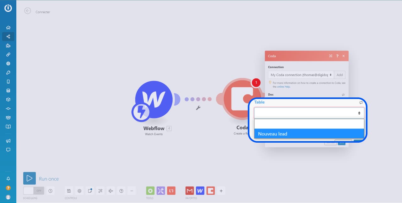 Bouton de sélection d'une nouvelle table Coda dans le module Integromat