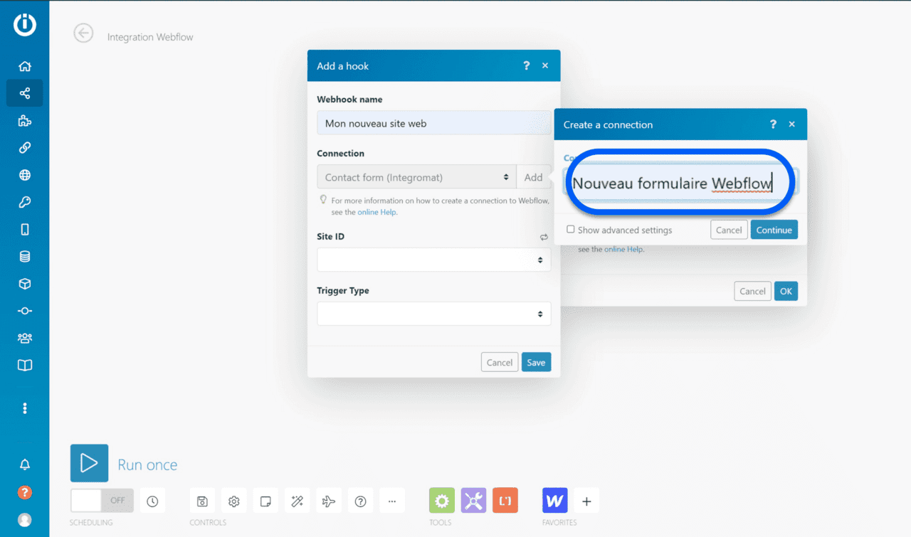 Renommer connexion du module webflow depuis l'espace de travail Integromat