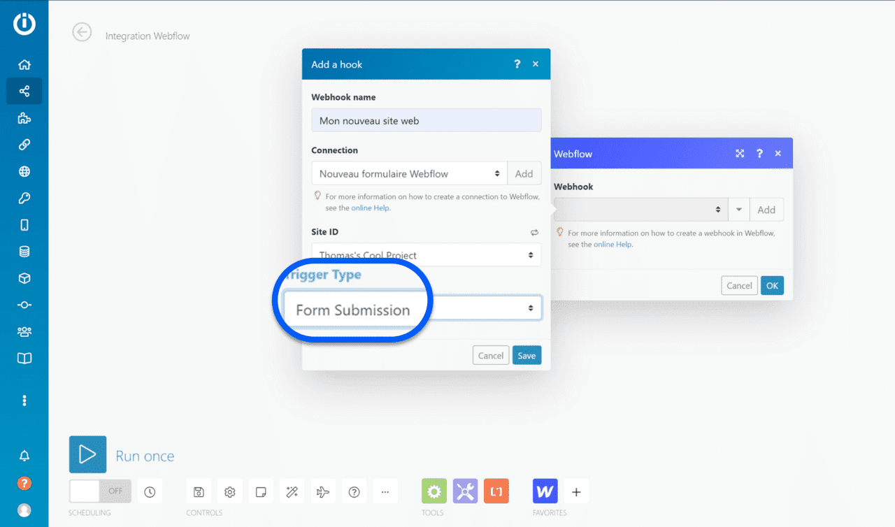 Choix du déclencheur webhook dans le module Webflow de Integromat