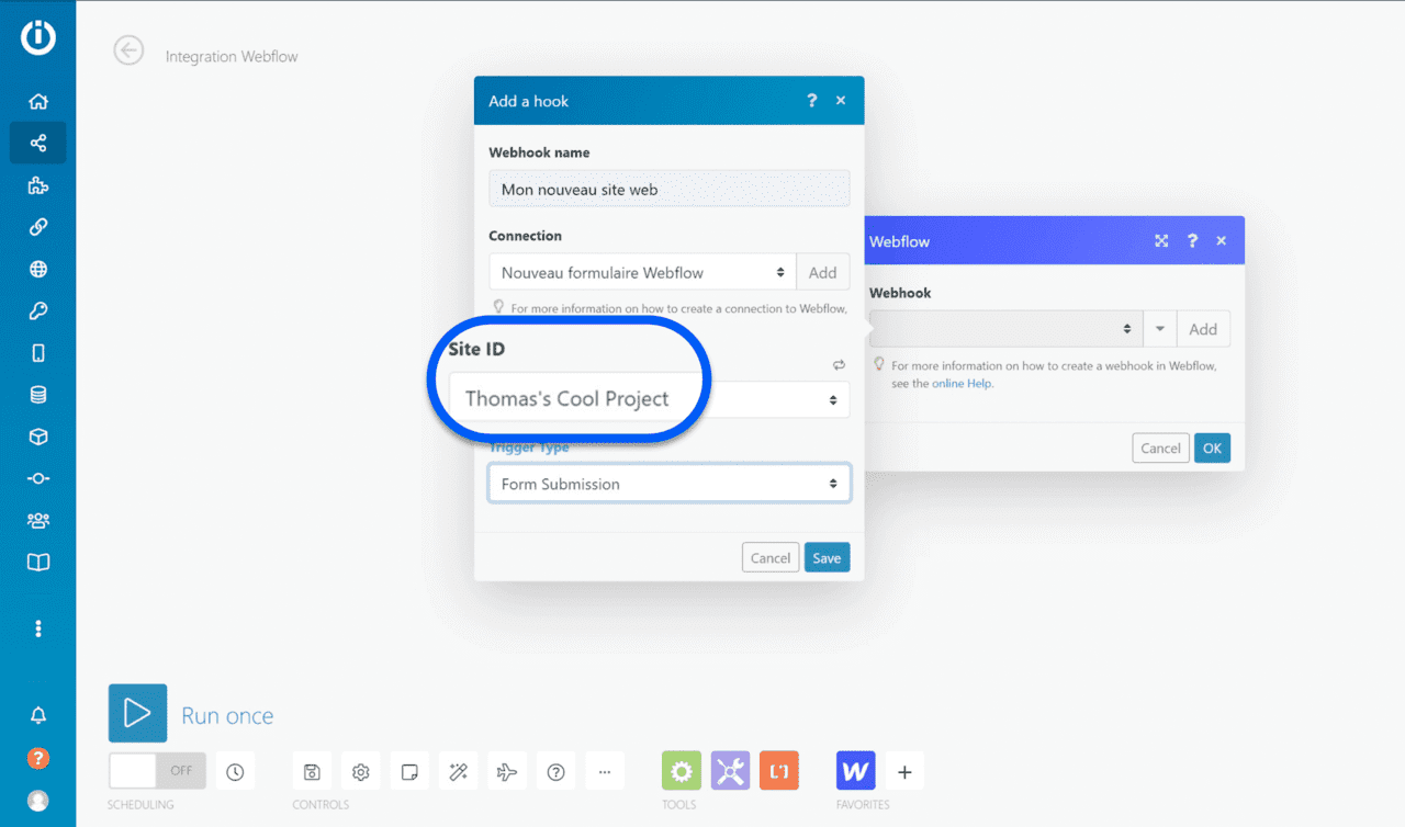 Selection du projet Webflow depuis l'espace d'automatisation Integromat