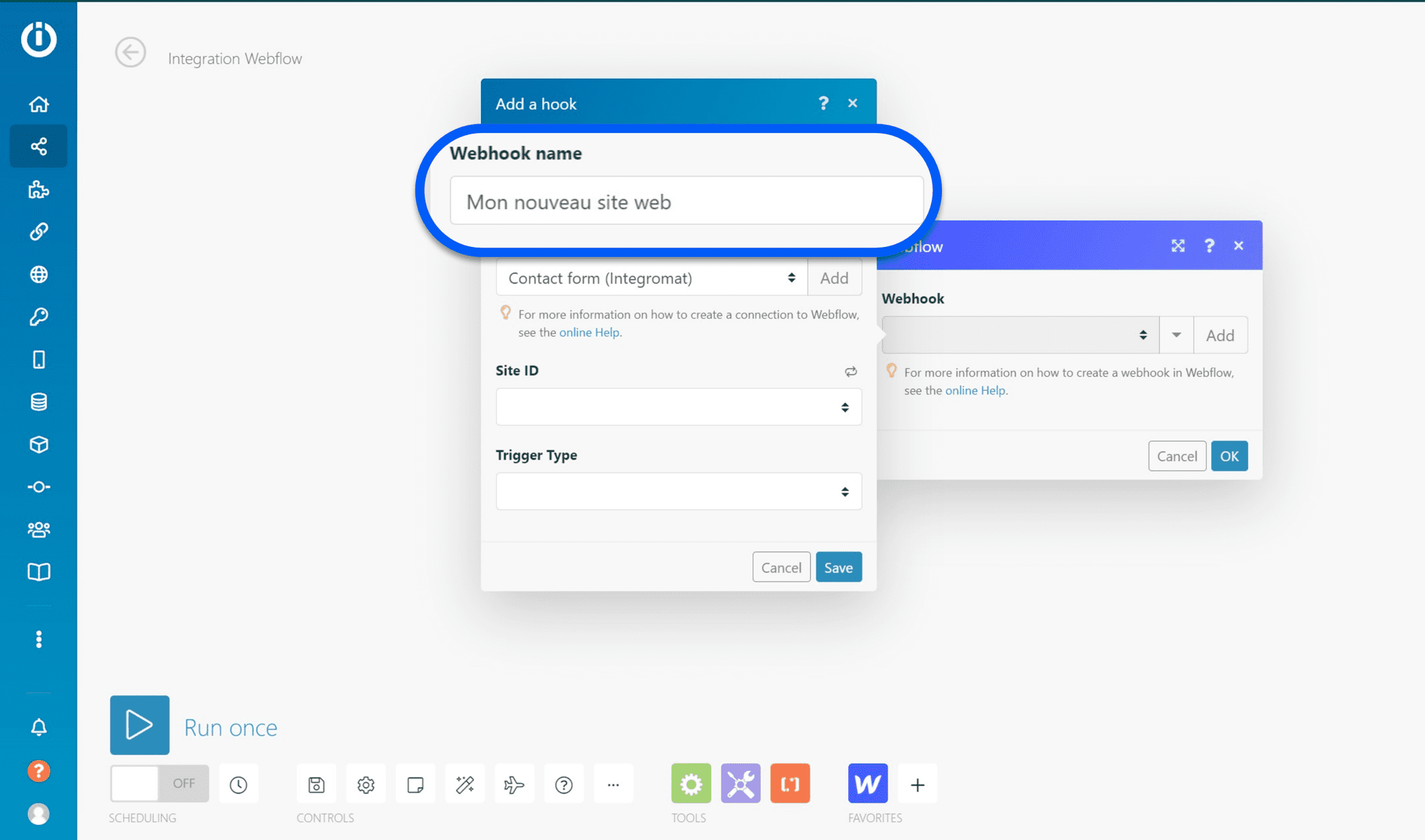 Renommer le nouveau webhook Webflow depuis l'interface d'automatisation Integromat