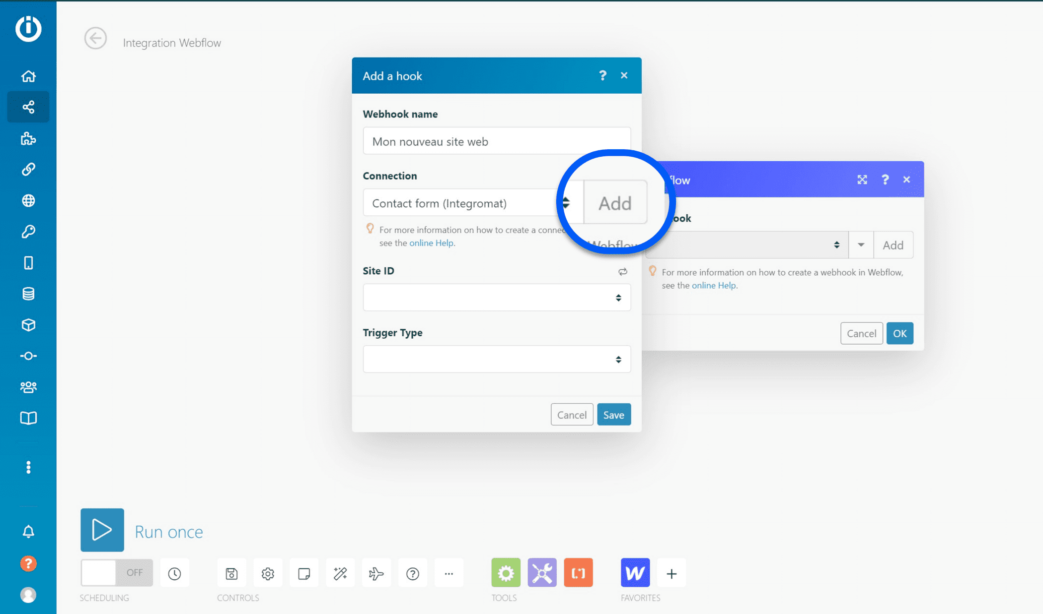Ajout d'une nouvelle connexion Webflow au compte Integromat