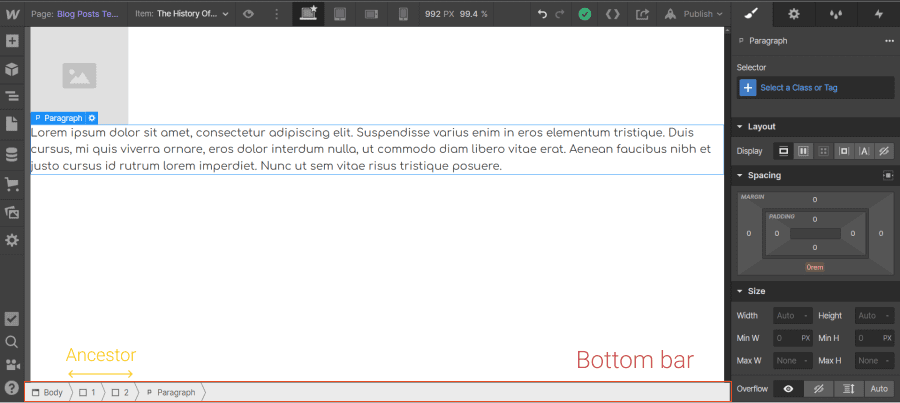 Bottom bar (fil d'ariane) de Webflow