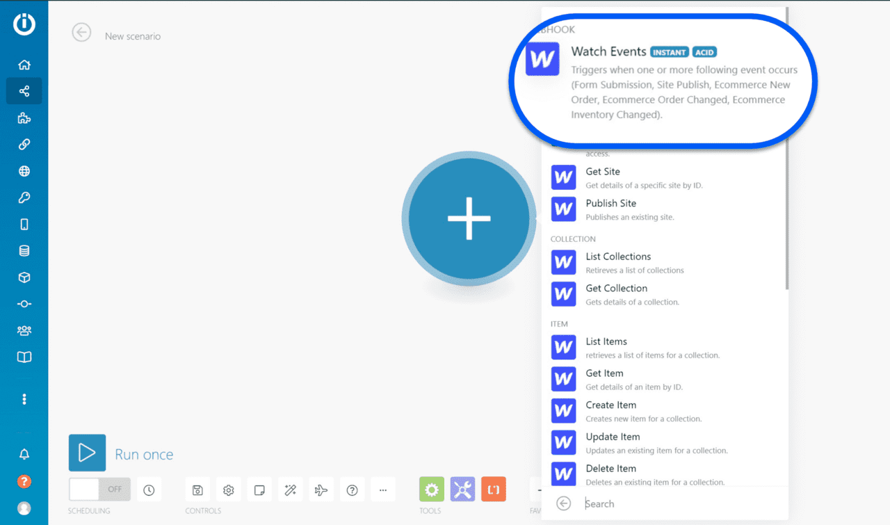 déclencheur webflow sur le tableau de board Integromat